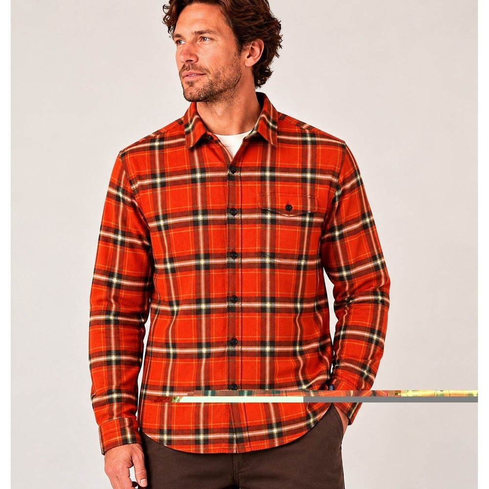 Patagonia Fjord Flannel Mens L Shirt Orange Black Plaid Button Up Lightweight